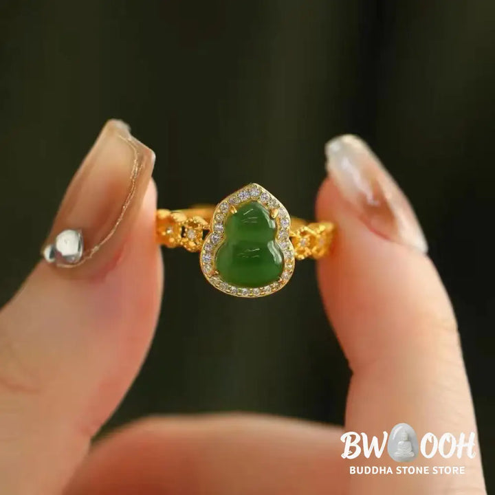 Buddha Stones Vintage Gourd Green Chalcedony Copper Plated Gold Adjustable Wealth Ring - Green Chalcedony(Adjustable)