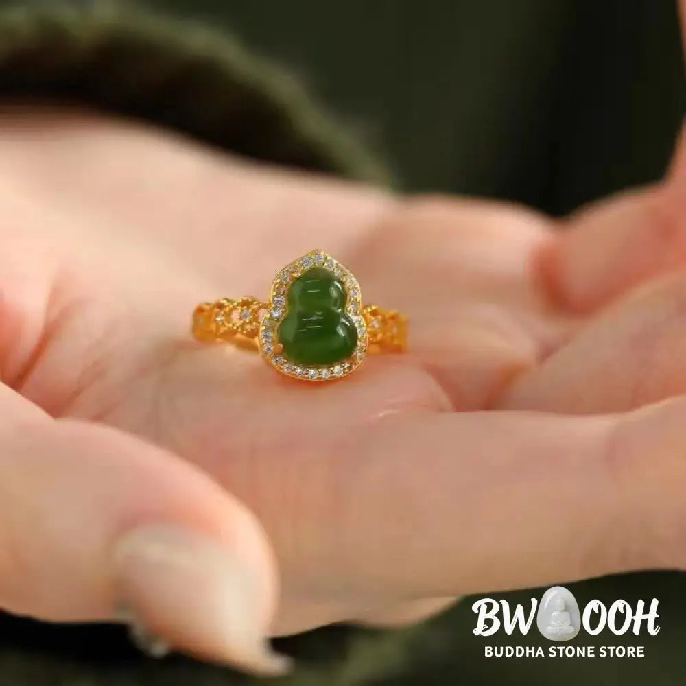Buddha Stones Vintage Gourd Green Chalcedony Copper Plated Gold Adjustable Wealth Ring - Green Chalcedony(Adjustable)