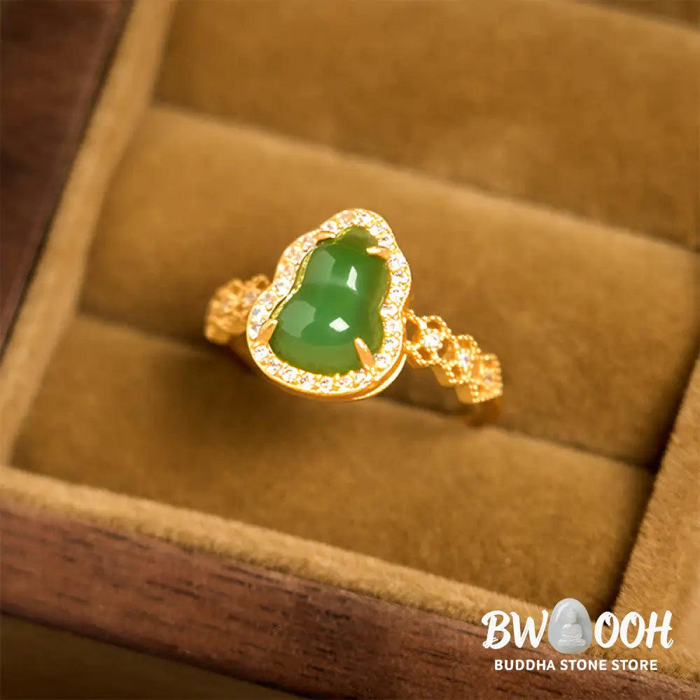 Buddha Stones Vintage Gourd Green Chalcedony Copper Plated Gold Adjustable Wealth Ring - Green Chalcedony(Adjustable)