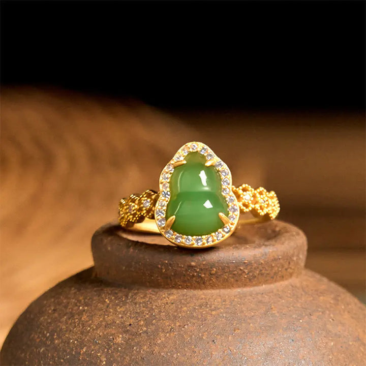 BWOOOH Vintage Gourd Green Chalcedony Copper Plated Gold Adjustable Wealth Ring — Copper spiritual jewelry for spiritual h...