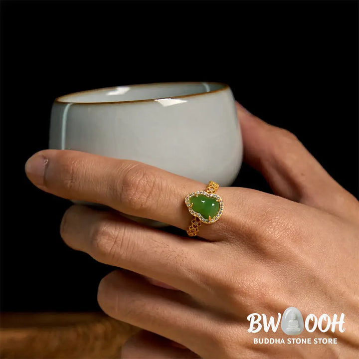 Buddha Stones Vintage Gourd Green Chalcedony Copper Plated Gold Adjustable Wealth Ring - Green Chalcedony(Adjustable)