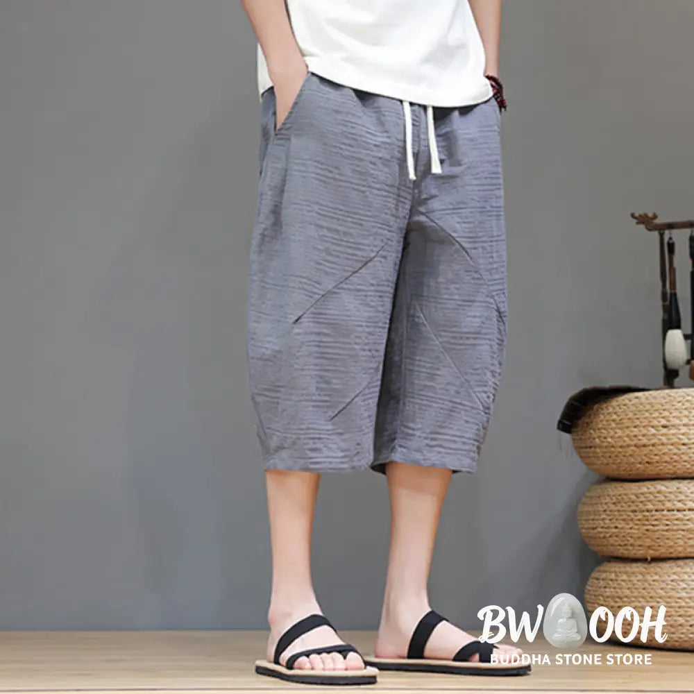 Buddha Stones Vintage Jacquard Solid Color Drawstring Cropped Cotton Linen Men’s Harem Pants With Pockets - Men’s Harem