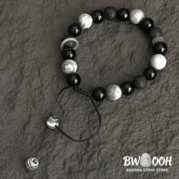 Buddha Stones Vintage Lava Rock Black Obsidian Picasso Jasper Beads Support Rope Bracelet - BWOOOH - Lava Rock(Wrist