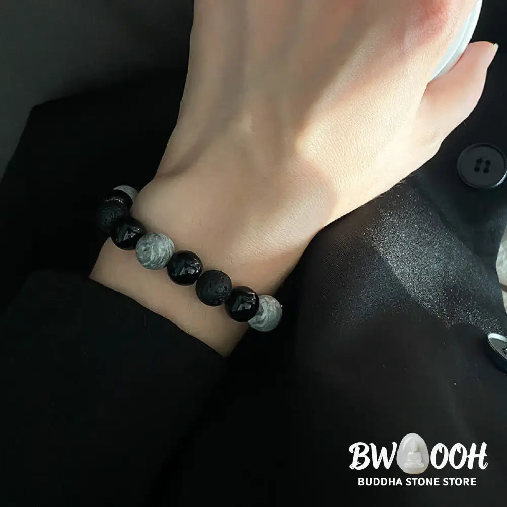 Buddha Stones Vintage Lava Rock Black Obsidian Picasso Jasper Beads Support Rope Bracelet - BWOOOH - Lava Rock(Wrist