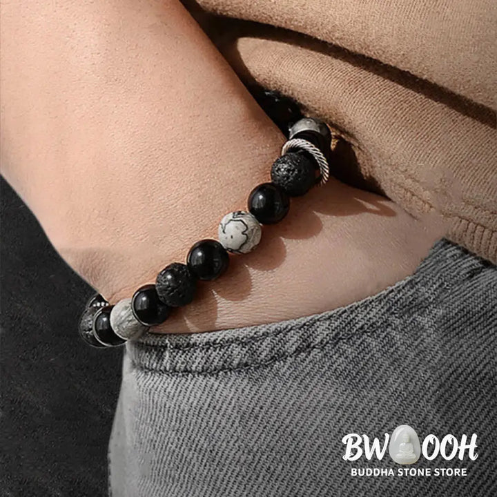 Buddha Stones Vintage Lava Rock Black Obsidian Picasso Jasper Beads Support Rope Bracelet - BWOOOH - Lava Rock(Wrist