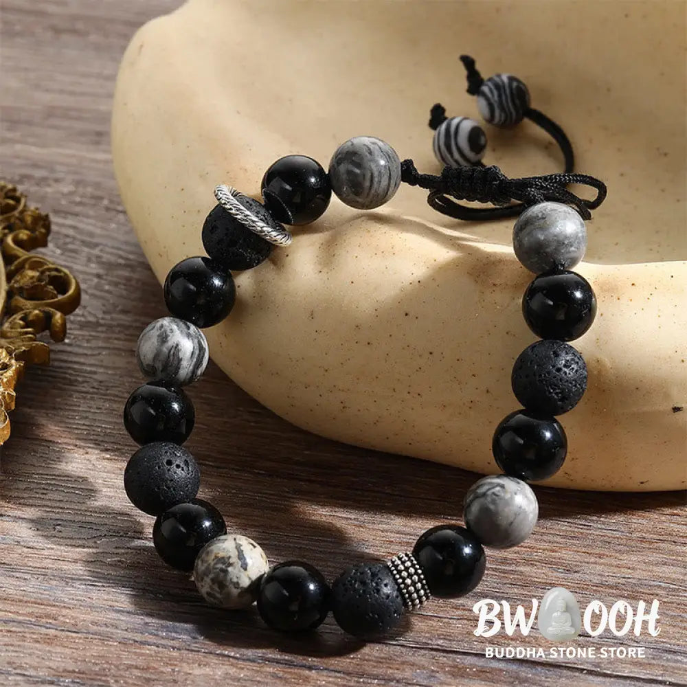 Buddha Stones Vintage Lava Rock Black Obsidian Picasso Jasper Beads Support Rope Bracelet - BWOOOH - Lava Rock(Wrist