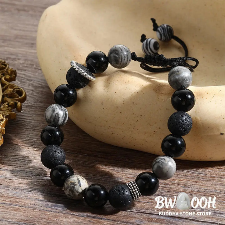 Buddha Stones Vintage Lava Rock Black Obsidian Picasso Jasper Beads Support Rope Bracelet - BWOOOH - Lava Rock(Wrist