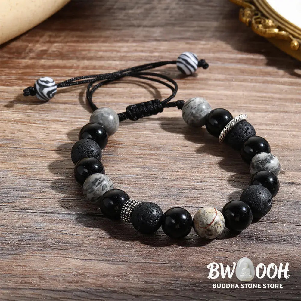 Buddha Stones Vintage Lava Rock Black Obsidian Picasso Jasper Beads Support Rope Bracelet - BWOOOH - Lava Rock(Wrist