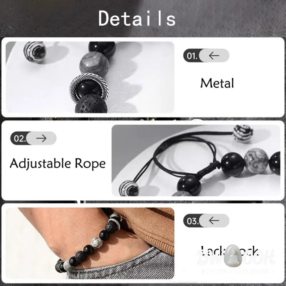 Buddha Stones Vintage Lava Rock Black Obsidian Picasso Jasper Beads Support Rope Bracelet - BWOOOH - Lava Rock(Wrist