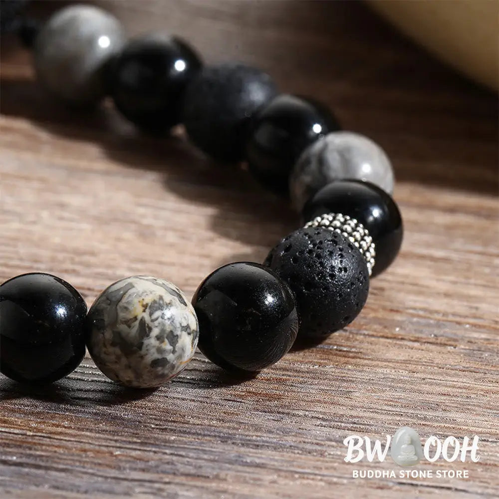 Buddha Stones Vintage Lava Rock Black Obsidian Picasso Jasper Beads Support Rope Bracelet - BWOOOH - Lava Rock(Wrist