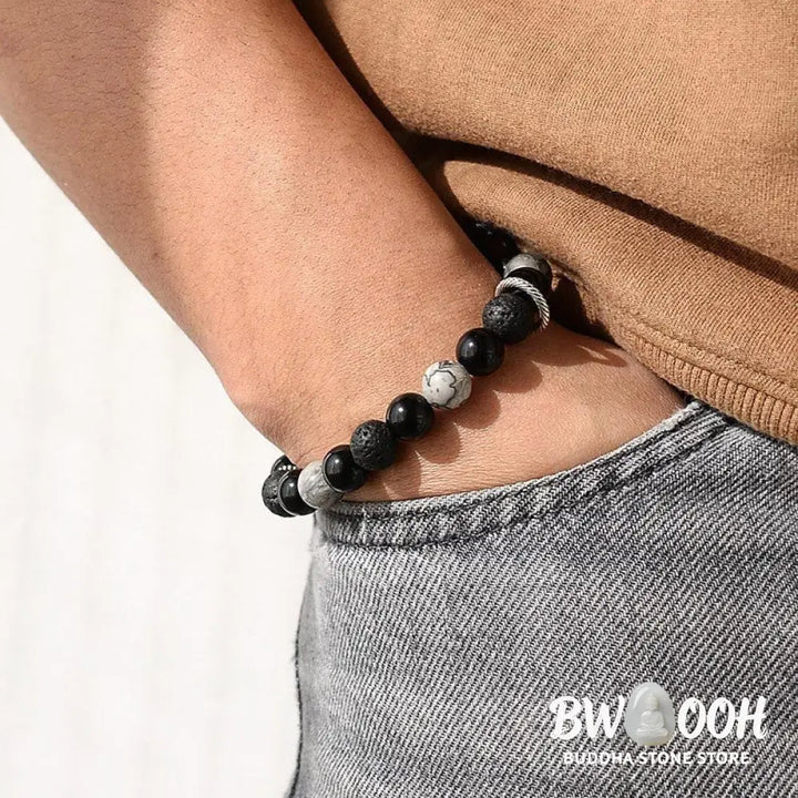 Buddha Stones Vintage Lava Rock Black Obsidian Picasso Jasper Beads Support Rope Bracelet - BWOOOH - Lava Rock(Wrist