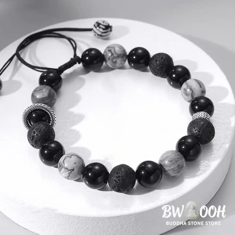 Buddha Stones Vintage Lava Rock Black Obsidian Picasso Jasper Beads Support Rope Bracelet - BWOOOH - Lava Rock(Wrist
