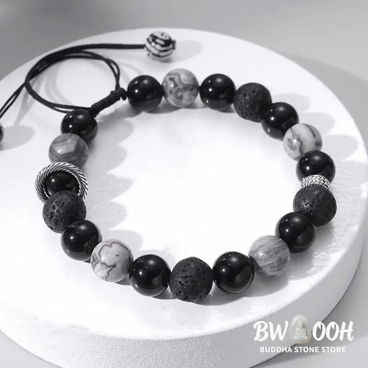 Buddha Stones Vintage Lava Rock Black Obsidian Picasso Jasper Beads Support Rope Bracelet - BWOOOH - Lava Rock(Wrist