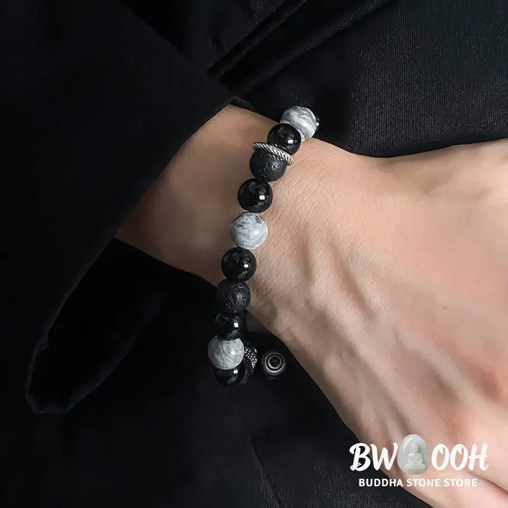 Buddha Stones Vintage Lava Rock Black Obsidian Picasso Jasper Beads Support Rope Bracelet - BWOOOH - Lava Rock(Wrist