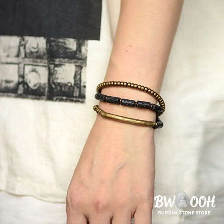 Buddha Stones Vintage Lava Rock Copper Brass Multi-turn Wrap Calm Bracelet - BWOOOH - Bracelet