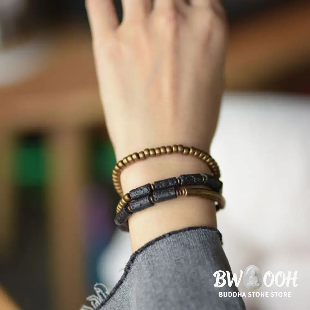 Buddha Stones Vintage Lava Rock Copper Brass Multi-turn Wrap Calm Bracelet - BWOOOH - Bracelet