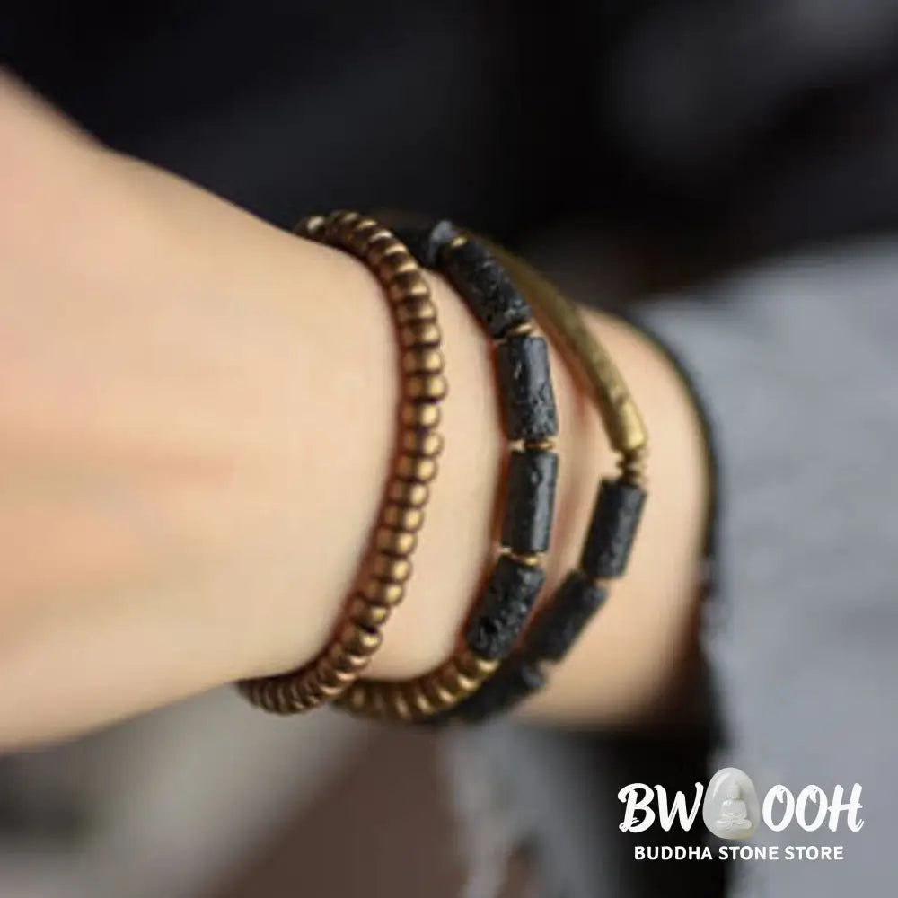 Buddha Stones Vintage Lava Rock Copper Brass Multi-turn Wrap Calm Bracelet - BWOOOH - Bracelet