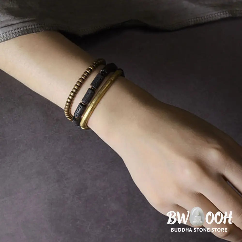 Buddha Stones Vintage Lava Rock Copper Brass Multi-turn Wrap Calm Bracelet - BWOOOH - Bracelet