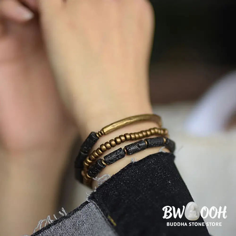Buddha Stones Vintage Lava Rock Copper Brass Multi-turn Wrap Calm Bracelet - BWOOOH - Bracelet