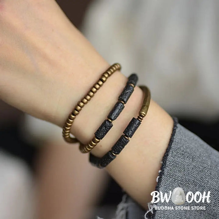 Buddha Stones Vintage Lava Rock Copper Brass Multi-turn Wrap Calm Bracelet - BWOOOH - Bracelet