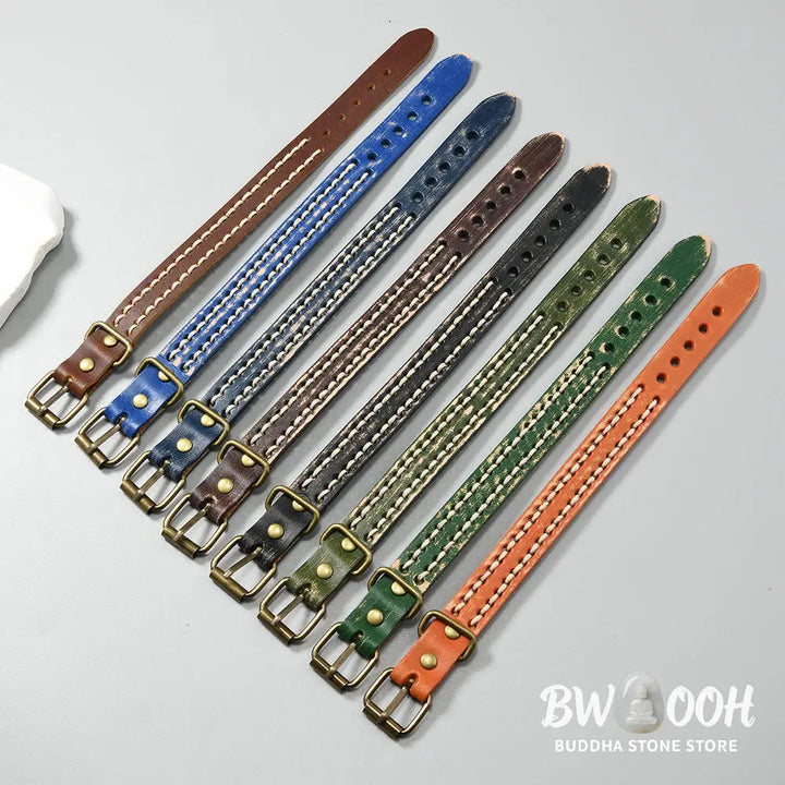 Buddha Stones Vintage Leather Adjustable Buckle Strengthen Bracelet - Bracelet