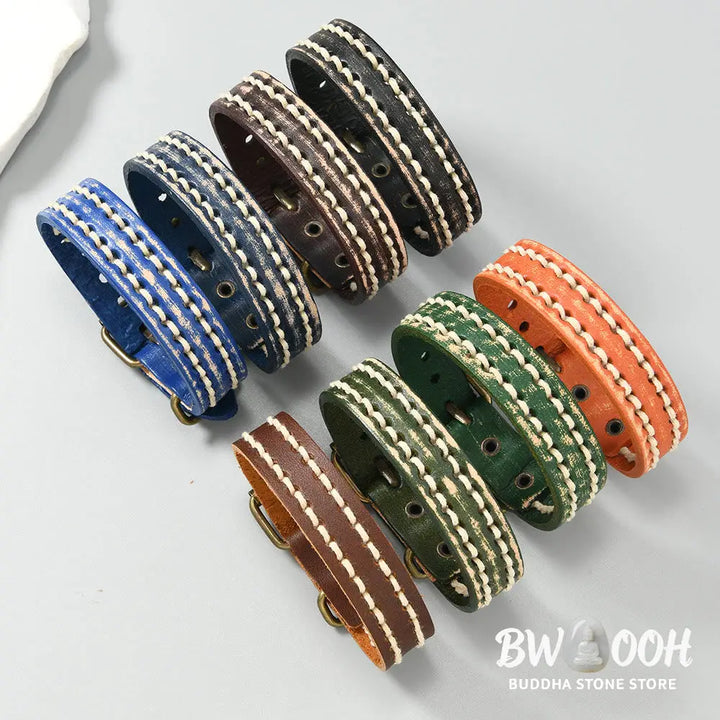 Buddha Stones Vintage Leather Adjustable Buckle Strengthen Bracelet - Bracelet