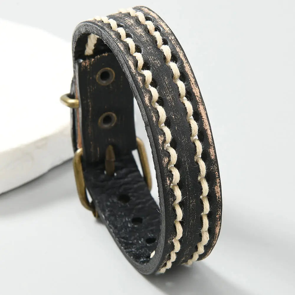 Buddha Stones Vintage Leather Adjustable Buckle Strengthen Bracelet - Black(Wrist Circumference: 17-20cm) - Bracelet