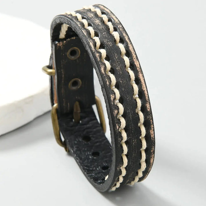 Buddha Stones Vintage Leather Adjustable Buckle Strengthen Bracelet - Black(Wrist Circumference: 17-20cm) - Bracelet