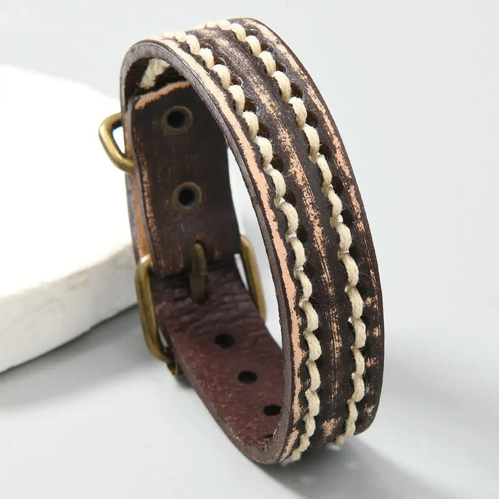 Buddha Stones Vintage Leather Adjustable Buckle Strengthen Bracelet - Brown(Wrist Circumference: 17-20cm) - Bracelet