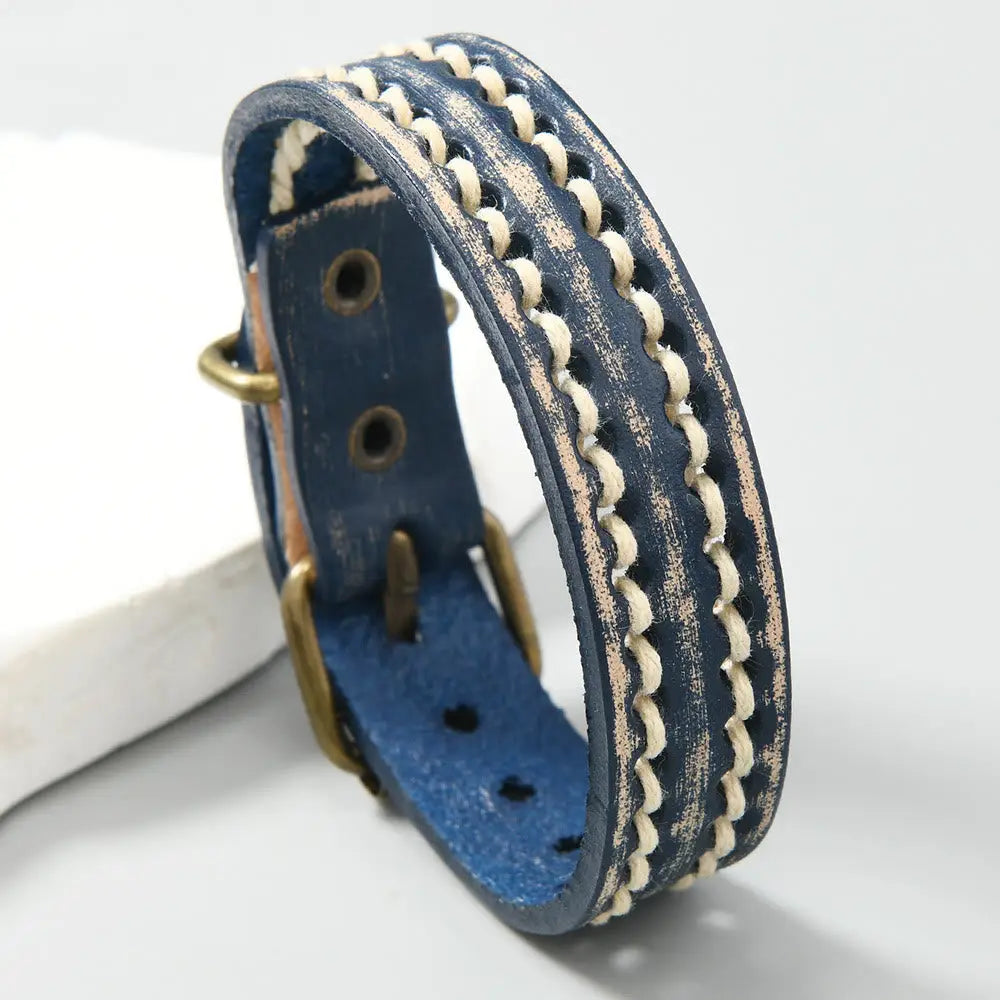 Buddha Stones Vintage Leather Adjustable Buckle Strengthen Bracelet - Dark Blue(Wrist Circumference: 17-20cm) - Bracelet