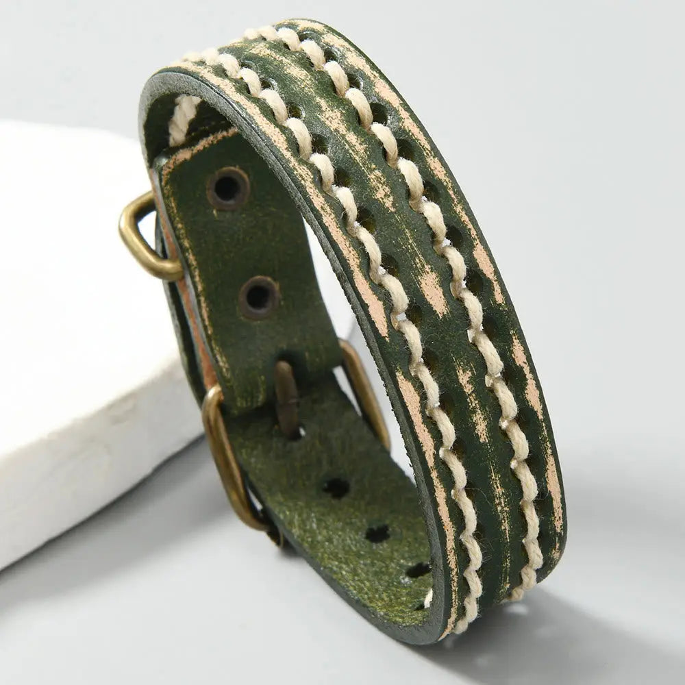 Buddha Stones Vintage Leather Adjustable Buckle Strengthen Bracelet - Dark Green(Wrist Circumference: 17-20cm)
