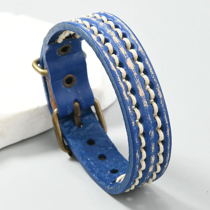 Buddha Stones Vintage Leather Adjustable Buckle Strengthen Bracelet - Light Blue(Wrist Circumference: 17-20cm)