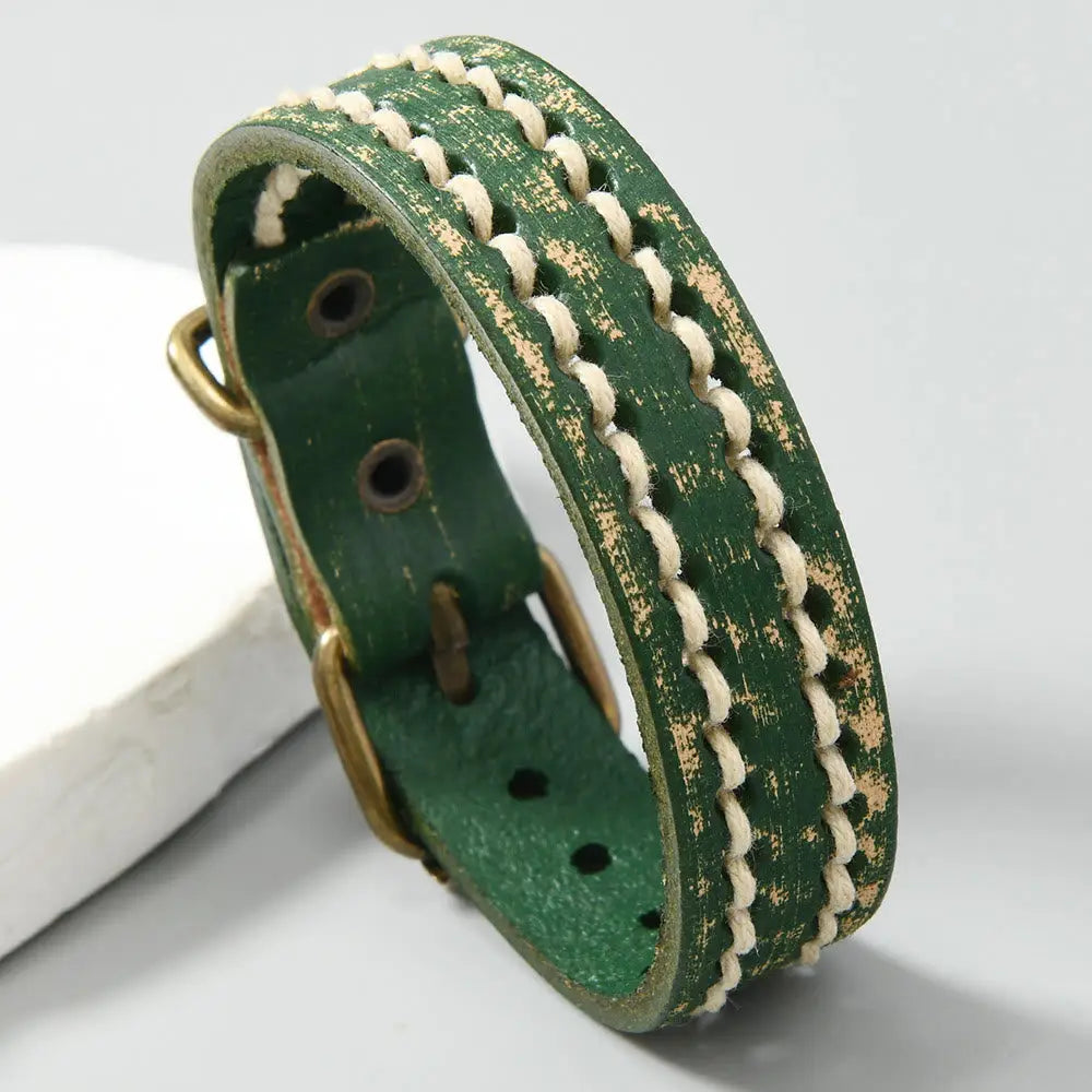 BWOOOH Vintage Leather Adjustable Buckle Strengthen Bracelet - Light Green(Wrist Circumference: 17-20cm)