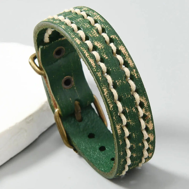 BWOOOH Vintage Leather Adjustable Buckle Strengthen Bracelet - Light Green(Wrist Circumference: 17-20cm)