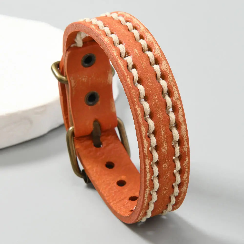 Buddha Stones Vintage Leather Adjustable Buckle Strengthen Bracelet - Orange(Wrist Circumference: 17-20cm) - Bracelet