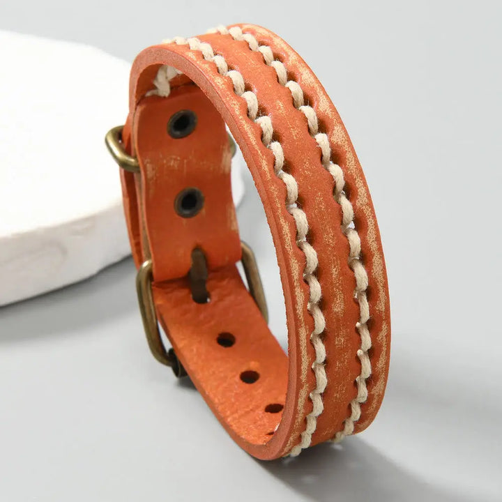 Buddha Stones Vintage Leather Adjustable Buckle Strengthen Bracelet - Orange(Wrist Circumference: 17-20cm) - Bracelet