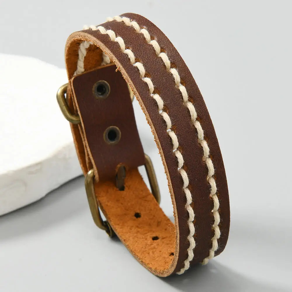 Buddha Stones Vintage Leather Adjustable Buckle Strengthen Bracelet - Reddish Brown(Wrist Circumference: 17-20cm)