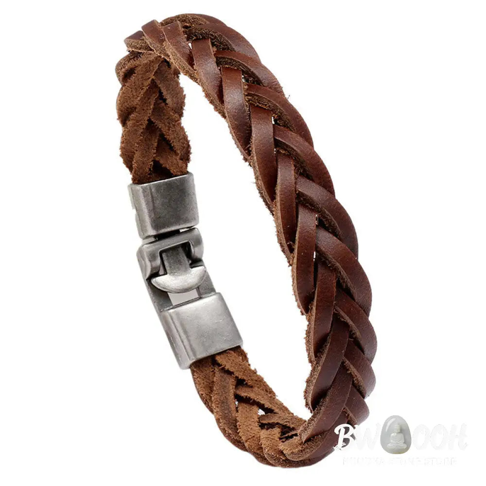 Buddha Stones Vintage Leather Braided Buckle Strength Bracelet - BWOOOH - Leather Braided(Wrist Circumference: 18-19CM)