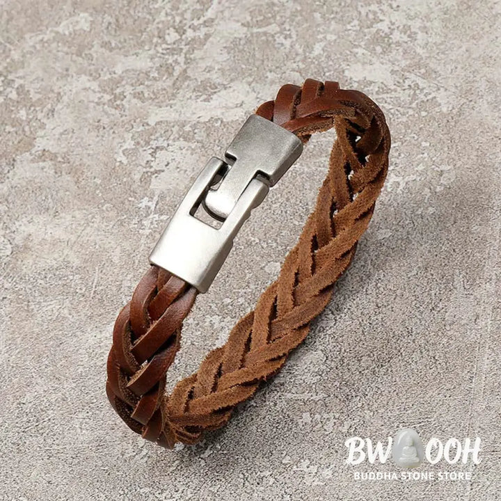Buddha Stones Vintage Leather Braided Buckle Strength Bracelet - BWOOOH - Leather Braided(Wrist Circumference: 18-19CM)
