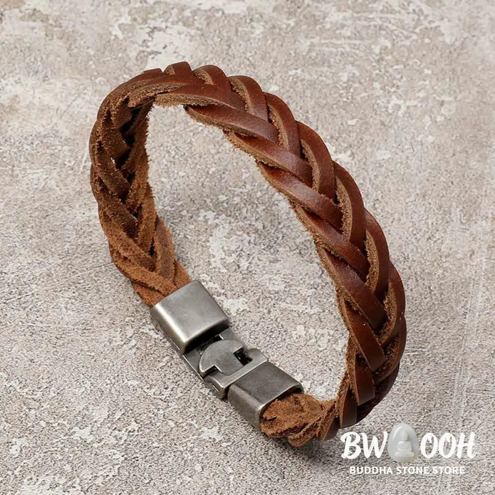 Buddha Stones Vintage Leather Braided Buckle Strength Bracelet - BWOOOH - Leather Braided(Wrist Circumference: 18-19CM)