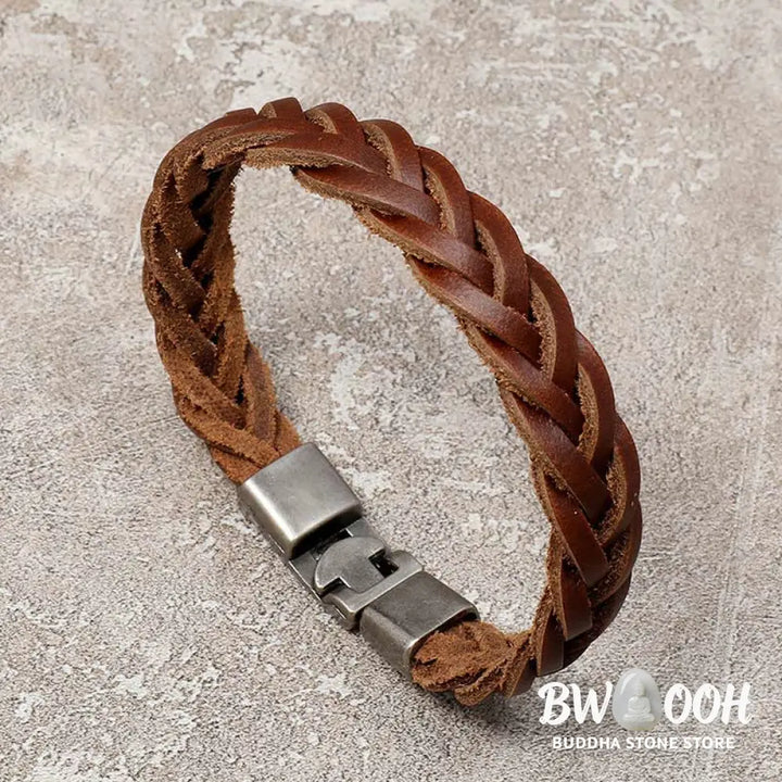 Buddha Stones Vintage Leather Braided Buckle Strength Bracelet - BWOOOH - Leather Braided(Wrist Circumference: 18-19CM)