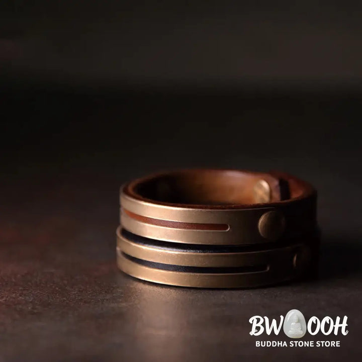 Buddha Stones Vintage Leather Copper Brass Balance Bangle Bracelet - Bracelet