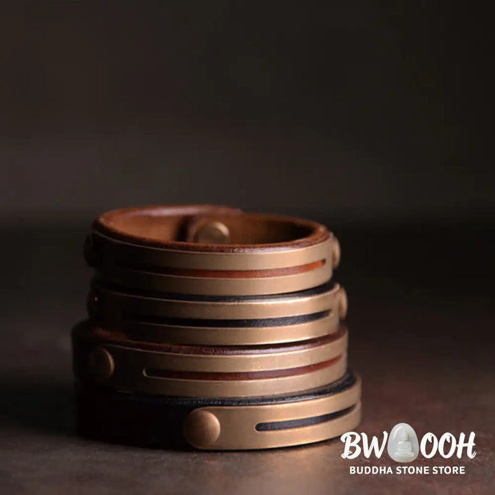 Buddha Stones Vintage Leather Copper Brass Balance Bangle Bracelet - Bracelet
