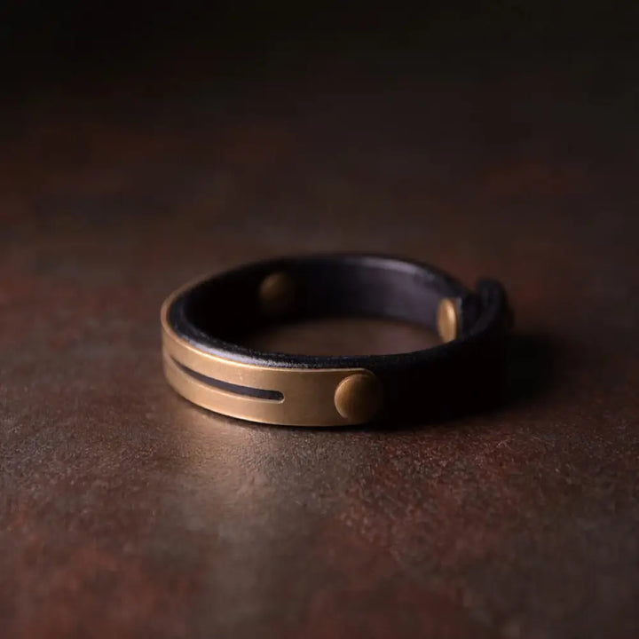 Buddha Stones Vintage Leather Copper Brass Balance Bangle Bracelet - Black / 14-14.6cm - Bracelet
