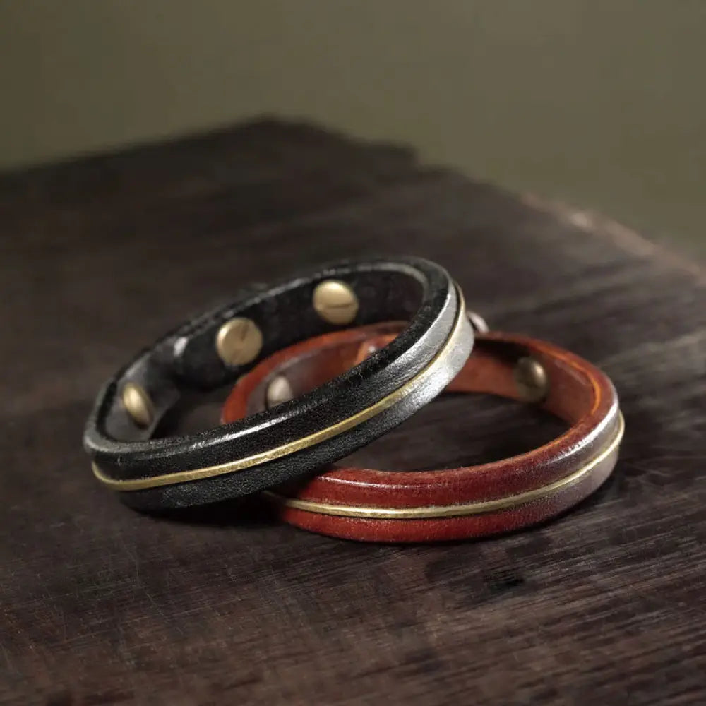 BWOOOH Vintage Leather Copper Brass Wire Healing Bangle Bracelet - Bracelet