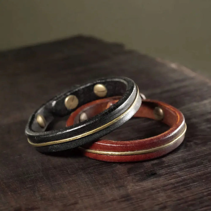 BWOOOH Vintage Leather Copper Brass Wire Healing Bangle Bracelet - Bracelet