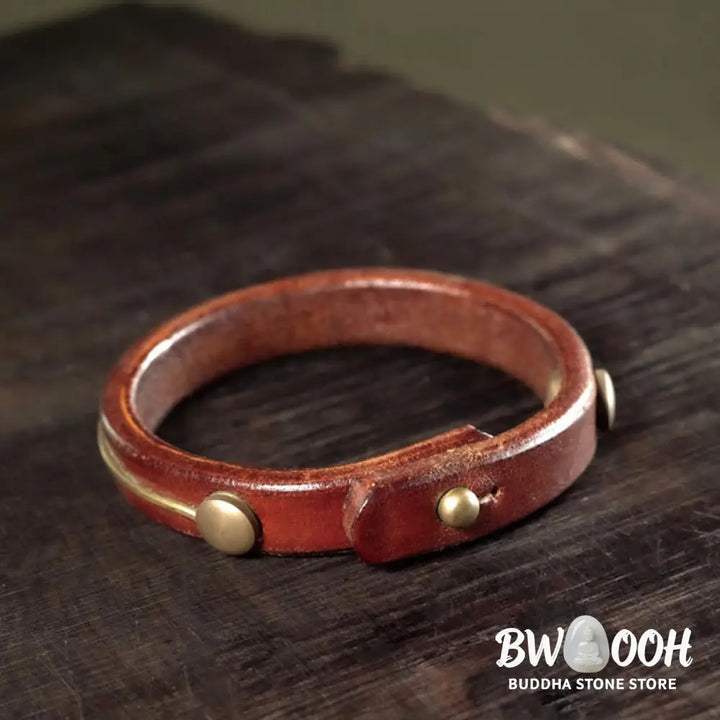 Buddha Stones Vintage Leather Copper Brass Wire Healing Bangle Bracelet - Bracelet