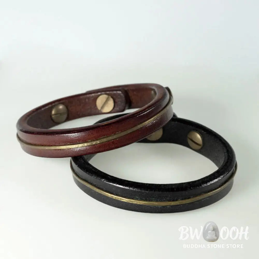 Buddha Stones Vintage Leather Copper Brass Wire Healing Bangle Bracelet - Bracelet