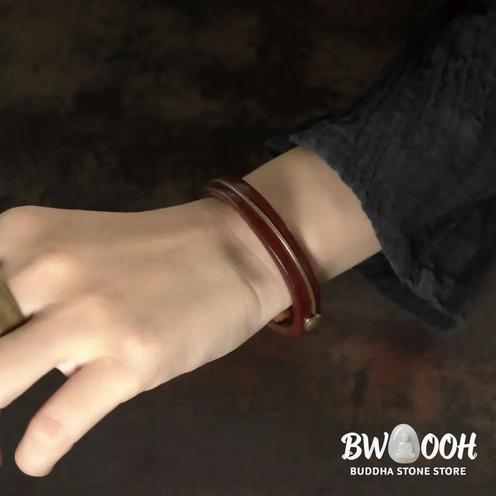 Buddha Stones Vintage Leather Copper Brass Wire Healing Bangle Bracelet - Bracelet