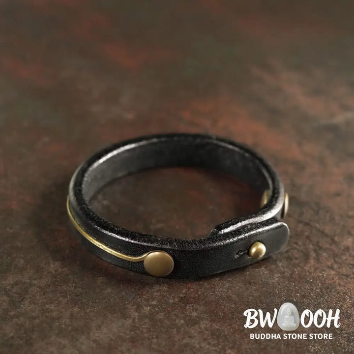 Buddha Stones Vintage Leather Copper Brass Wire Healing Bangle Bracelet - Bracelet